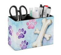Exquisite Patterns PU Leather Pen Holder, Multifunctional Desktop Organizer Caddy with 2 Compartments, Dog Paw Prints Bones Pencil Cup Makeup Brush Holder for Office Home