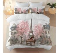Exquisite Soft Duvet Cover Set With Zipper Closure And 4 Corner Ties, Watercolor, Rural Architecture, Cherry Blossoms Printing Theme Reversible Design Bedding, White 260 X 220 cm Size Super King