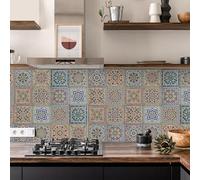 Exquisite Tile Stickers Orange Geometric Mandala Stick on Tiles for Bathroom Kitchen Home Decors PVC Waterproof Oilproof Peel and Stick Self Adhesive Wall Tiles 15x15 cm/12 pcs