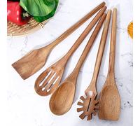 Exquisite Wooden Cooking Utensils For Kitchen, Set Of 5, 12 Inch Acacia Wood Kitchenware Tool Set, Cooking Gadgets Includes Spoon, Spoon Spatula, Spaghetti Spoon, Slotted Spoon, Shovel