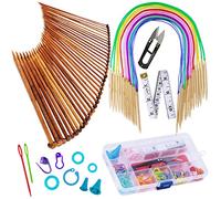 Exquiss Bamboo Knitting Needles Set, 18 Pairs Circular(31.5”) Wooden Knitting Needles with Colored Plastic Tube, 36PCS Single Pointed Bamboo Knitting Needles(9.5”), Include Knitting Tools for Weaving