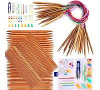 Exquiss Knitting Needles Set-18 Pairs 18 Sizes Bamboo Circular Knitting Needles with Colored Tube + 75 Pcs 15 Sizes Bamboo Double Pointed Knitting Needles Set + Weaving Tools Knitting Kits