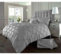 EXQUIZIT HOME® Luxury Duvet Cover Set - Alexander Alford Pin Tuck Pinch Pleat Reversible Diamond Bedding Set with Matching Pillowcase Pack of 2, 50% Cotton 50% Polyester (Silver - Double 200 x 200 cm)