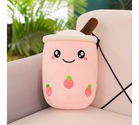 EXQULEG Bubble Tea Plush Toy Boba Cuddly Toy Plush Doll Soft Cuddly Toy Tea Cup Cushion Children's Toy (Pink Round Eyes, 25 cm)
