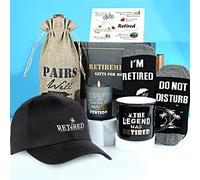 EXREIZST Retirement Gifts for Men - The Legend Has Retired 6 Piece Set with Funny Coffee Mug, Scented Candle, Hat, Socks, Wine Tote & Greeting Card. Ideal Gag Farewell Present for Boss Dad Husband.
