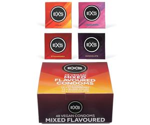 EXS Mixed Flavoured Condoms (48 Pack) Regular Fit, Premium Latex with Non-Spermicidal Lube, Flared with Teat, PETA-Approved Vegan Condom, 3 Year Life - CE Marked NHS Approved Male Condoms