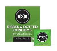EXS Ribbed & Dotted Condoms (3 Pack) Regular Fit, Premium Latex with Non-Spermicidal Lube, Flared with Teat, PETA-Approved Vegan Condom, 3 Year Life - CE Marked NHS Approved Male Condoms Ribbed