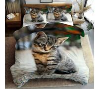 EXSANLIEAY Double Duvet Set-3Pcs Realistic Double Bedding Set, Tabby Cat Microfiber Breathable Soft Quilt Covers with Zipper and 2 Pillowcases（50x75cm） ZB1170