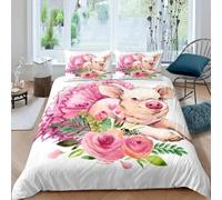 EXSANLIEAY Flowers Single Duvet Cover Set Cute Little Pigs Bedding Premium Brushed Microfibre, with Zipper Closure Soft Comfortable Includes 2 Pillowcases 50x75 cm