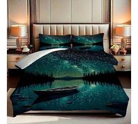 EXSANLIEAY Starry Sky Duvet Cover Set Lonely Boat In The Forest Bedding Premium Brushed Microfibre, with Zipper Closure Soft Comfortable Includes 2 Pillowcases 50x75 cm Small Single(120x150cm