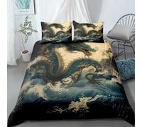 EXSANLIEAY Waves Single Duvet Cover Set Dragon Bedding Premium Brushed Microfibre, with Zipper Closure Soft Comfortable Includes 2 Pillowcases 50x75 cm