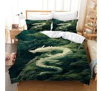 EXSANLIEAY White Dragon Bedding Double Bed Set - Green Mountain Duvet Cover Double, Soft Microfibre Bedding Sets, Reversible Duvet Covers with Zipper Closure, 2 Pillow Cases 50x75 cm