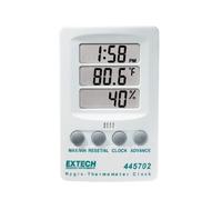 Extech 445702 Hygro-Thermometer Clock, Humidity, Temp, Triple LCD | Time/temp/humidity display, MIN/MAX memory, 12/24hr clock, alarm, wall mount or desktop stand