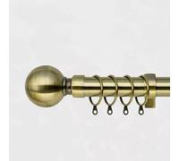 Extendable 25-28mm Metal Curtain Pole Set With Plain Ball Finials Rings Brackets (Antique Brass, 210-400cm)