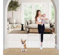 Extendable Baby Gate 24" High x 80" Wide Short Dog Gate to Step Over Reinforced Mesh Pet Gate with Support Poles, Small Puppy Gates for House White