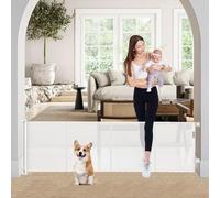 Extendable Baby Gate 24" High x 80" Wide Short Dog Gate to Step Over Reinforced Mesh Pet Gate with Support Poles, Small Puppy Gates for House White