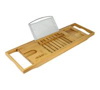 Extendable Bamboo Bath Caddy & Tray | Adjustable Luxury Home Spa Wood Bath Tub Rest | Wine Glass, Tablet / Book, Smartphone Holder Bridge | Non-Slip Feet | M&W