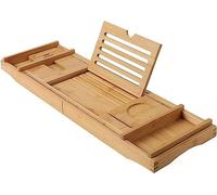Extendable Bamboo Bath Caddy Tray for Bathtub Wooden Luxury Bath Bridge Rack with Adjustable Sides Book Tablet Holder Wine Glass Slot Phone Stand Reading Rest Bathroom