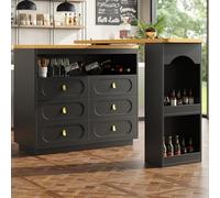 Extendable Bar Table with Storage Kitchen Island 360° Rotating LED Lighting & Drawers for Kitchen Living Room Dining Room Home Office 138-203x39x90cm (Black)