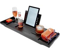 Extendable Bathtub Caddy Tray Bamboo Bath Tub Storage Rack Shelf Holder Adjustable Bathroom Tray Bathtub Storage Bridge Shelf Wine Tablet Holder (Black)