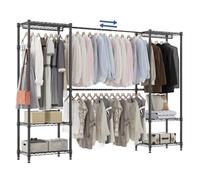 Extendable Clothes Rail with 4 Hanging Rods and 6 Height-Adjustable Shelves Telescopic Clothes Rail Heavy Duty Garment Rack with Side Hook Walk Wardrobe Storage Systems W (175-230) x H 180 cm, Black