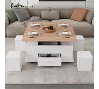 Extendable Coffee Table with Hydraulic Lift, Space-Saving Center Table with 4 Hidden-Storage Stools, 100L x 50W x 45H cm, White+Natural Aosom UK