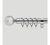 Extendable Curtain Pole Crystal | Chrome Metal Curtain Pole Set 25mm | Includes Rings, Finials, Brackets & Fittings. (40cm to 325cm, Crystal Final)