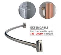 Extendable CURVED CHROME SHOWER RAIL ROD 120-220cm with Metal Brackets and Fittings