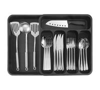 Extendable Cutlery Drawer Organiser, 6 Compartment Adjustable Kitchen Storage Tray With Large Utensil and Knife Sections - Black Plastic