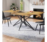 Extendable Dining Table 120160 x 80 cmTable Breakfast Table with StarShaped Metal Legs Faux Marble Top (Walnut Finish)