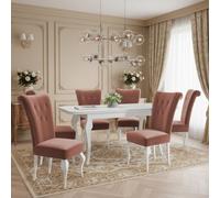 Extendable Dining Table And 6 Chairs Wood Mdf Hdf Chipboard Lara 140 To 180X80X75Cm White Oak Finish White And Orange