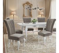 Extendable Dining Table And 6 Chairs Wood Mdf Hdf Chipboard Lara 140 To 180X80X75Cm White Oak Finish White And Beige
