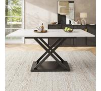 Extendable Dining Table with Marble MDF Top, Crossed Iron Legs, Telescopic Table of Space-Saving Design, Ideal for Kitchen, Dining Room, White Aosom UK