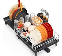 Extendable Dish Rack, Dish Drying Rack for Kitchen Counter, Foldable Dish Dryer Rack, Stainless Steel Dish Drainer Racks with Utensil Holder, Collapsible Dish Drying Racks Large Size,Black
