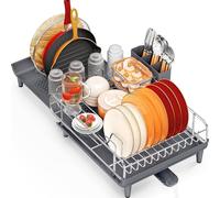 Extendable Dish Rack, Dish Drying Rack for Kitchen Counter, Foldable Dish Dryer Rack, Stainless Steel Dish Drainer Racks with Utensil Holder, Collapsible Dish Drying Racks Large Size, Grey