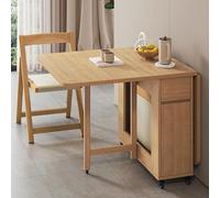 Extendable Folding Dining Table Set with 4 Chairs - Space-Saving Drop Leaf Solid Wood Kitchen Table on Wheels for Dining and Living Room (White)