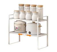 Extendable Kitchen Cupboard Shelf, 2 Tier Expandable Spice Rack Organizer, Cabinet Storage Shelf, Adjustable Pantry Unit Practical Cabinet Stand Space Saver for Freezer Pantry Counter Shelves, White