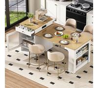 Extendable Kitchen Island on Wheels, Removable Dining Table, Bar Table with Stools, Fun Kitchen Island, Credenza for Kitchen & Dining Room (White)