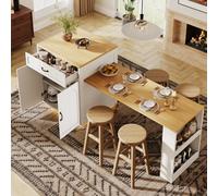 Extendable Kitchen Island with Built-In Wine Rack, Multifunctional Storage Cabinet with Dining Table, 141-193.5L x 70W x 101.5H cm, White Aosom UK