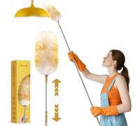 Extendable Lambswool Duster 30-100 Inch, Stainless Steel Long Handle Duster, Natural Feather Duster for Cleaning High Ceilings, Fans, Bookshelves, Interior, Cars, Brown