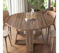Extendable Round Dining Table for 4-6 People Wooden Farmhouse Kitchen Table with Storage Shelves Rustic Brown Dining Room Furniture Cross Base Design