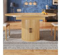 Extendable Round Dining Table with Hidden Leaf Storage, Extension Kitchen Table with Wood-Grain Finish, 118L x 118W x 76H cm, Natural Aosom UK