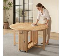 Extendable Round SolidDrop Leaf Dining Table with Design & Lockable Wheels SpaceSaving Foldable Table for Small Homes/Apartments/Living Rooms (Natural h)