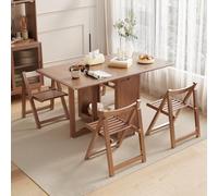 Extendable Solid Wood Dining Table with 4 Chairs, Mid-Century Modern Drop Leaf Design, Storage Wheels, Perfect for Apartments & Living Rooms, Walnut Finish