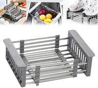 Extendable Stainless Steel Kitchen Sink Drain Basket Retractable Over Sink Dish Rack Portable Sink Accessories for Draining Fruits & Vegetables Space-Saving Design
