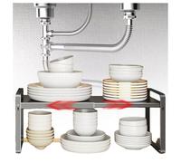 Extendable Under Sink Organizer - Stackable Under Cabinet Organizer Shelf with Width Adjustable Add Extra Space and Easy Access for 24-41cm/36-64cm Wide Sink Cabinet