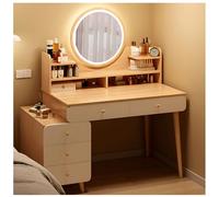 Extendable Vanity Desk with LED Mirror, Scandinavian Makeup Table with 6 Drawers and Open Storage Shelves, Bedroom Dressing Table for Women Girls (Color : Natural, Size : (80-95) x40cm)