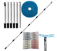 Extendable Washing Line Support | 2.2 m Total Length Bar, Clothes Rail with 10 m Clothes Cord and 20 Clothes Pegs | for Drying Laundry Outdoors and Outdoors