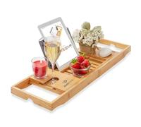 Extendable Wooden Bath Caddy Tray - Bamboo Bathtub Rack with Wine Glass, Candle, Book, Tablet & Phone Holder - Adjustable Bath Board Shelf & Foldable Bathroom Tray for Spa Relaxation