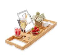 Extendable Wooden Bath Tray - Bamboo Bathroom Caddy Trays with Wine Glass, Candle, Phone, Tablet, Book Holder - Foldable Bath Board for Fantastic Bath Experience - Adjustable Bath Rack, Wood Table
